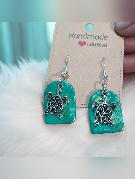 Miniature Memoir Jewelry - Handmade Teal Turtle Dangle Earrings